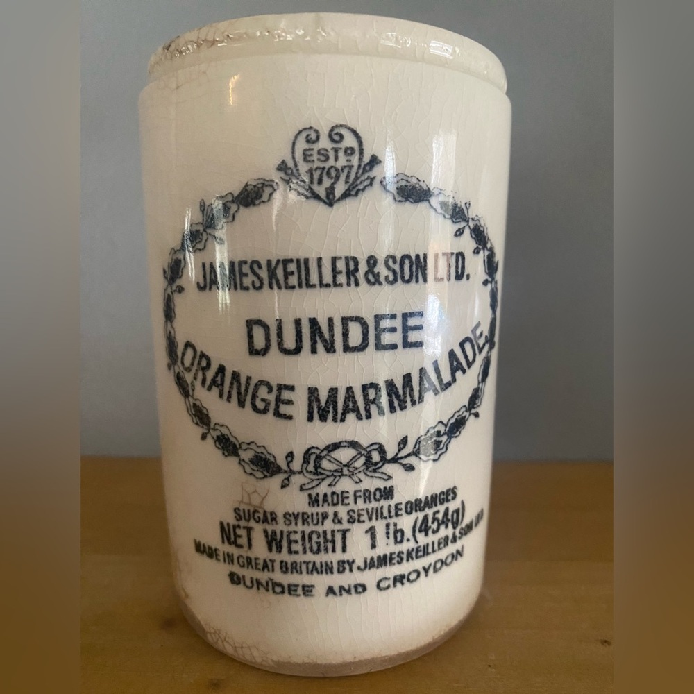 Antique James Keiller & Son Dundee Orange Marmalade ceramic crock.